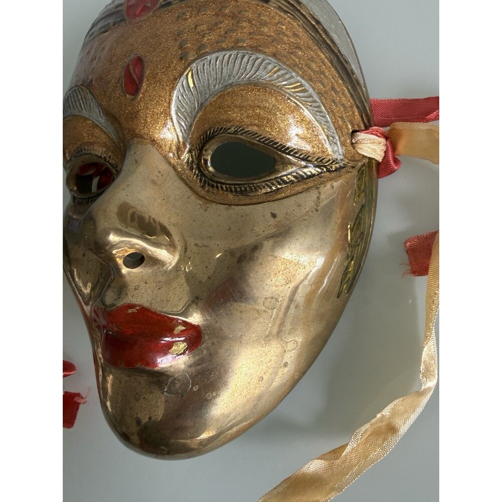 Vintage Indian Brass Face Mask Hand Painted Wall Decor Made in India